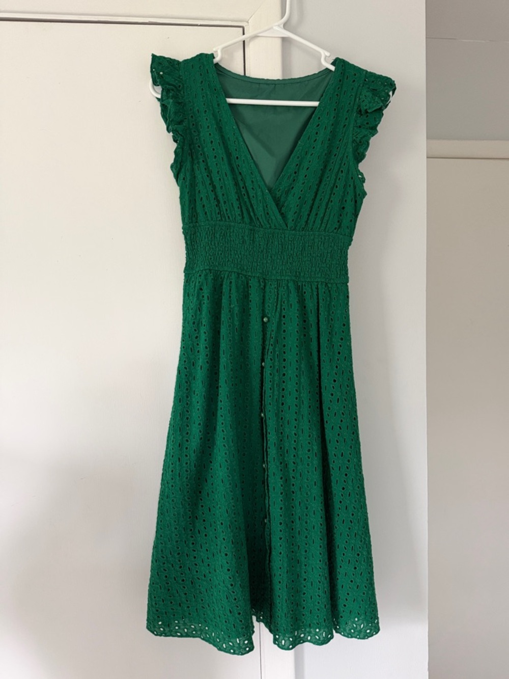 Green Eyelet Midi Dress with Smocked Waist